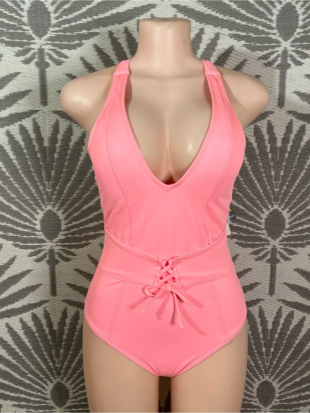 Pink Lace Up One Piece Swimsuit Size S Plunge Neck Tummy Control Beach